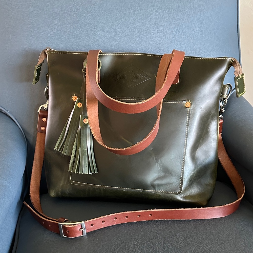Dark Green Leather Tote Bag